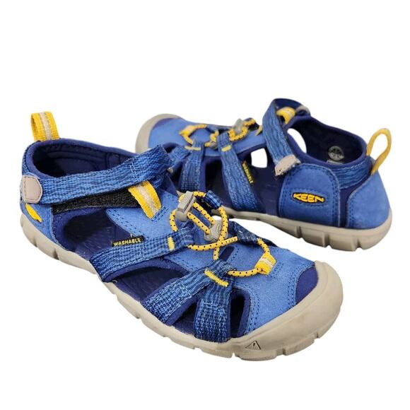 KEEN SEACAMP BLUE YELLOW WATER SANDALS SHOES BIG KIDS BOYS SZ 2 OUTDOOR SLIP ON - Picture 1 of 8